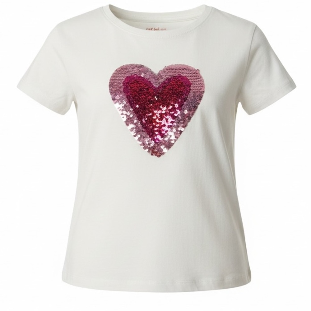 Cat & Jack Girls’ White Tee with Pink Sequin Heart XL (14) Pre-Loved PTP 16.5”